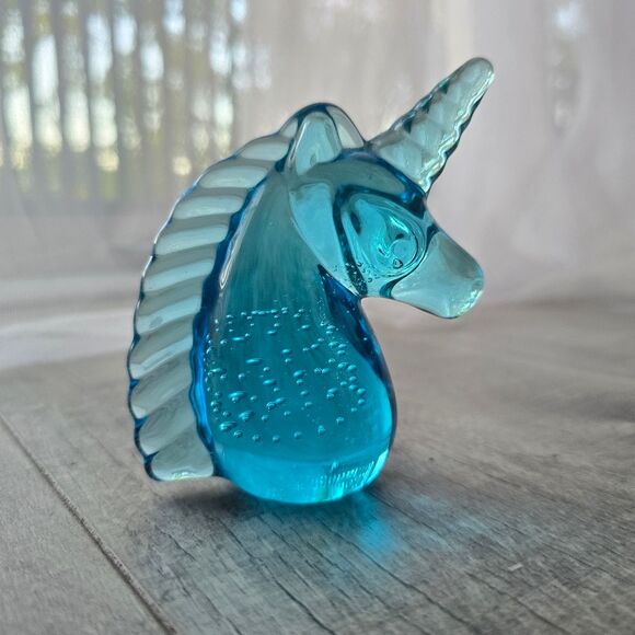 Blown Glass Unicorn Turquoise Clear Paperweight Gift Controlled Bubbles Vintage - Picture 2 of 8